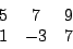 \begin{displaymath}\begin{array}{ccc}5&7&9  1&-3&7\end{array}\end{displaymath}